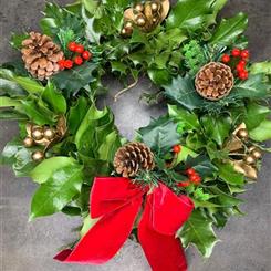 Holly Wreath With Cones And Bow