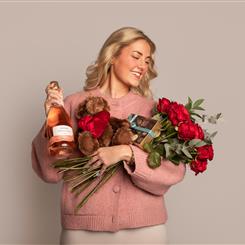 DOZEN ROSES BUNDLE WITH ROSE PROSECCO, PREMIUM CHOCOLATES AND CARD